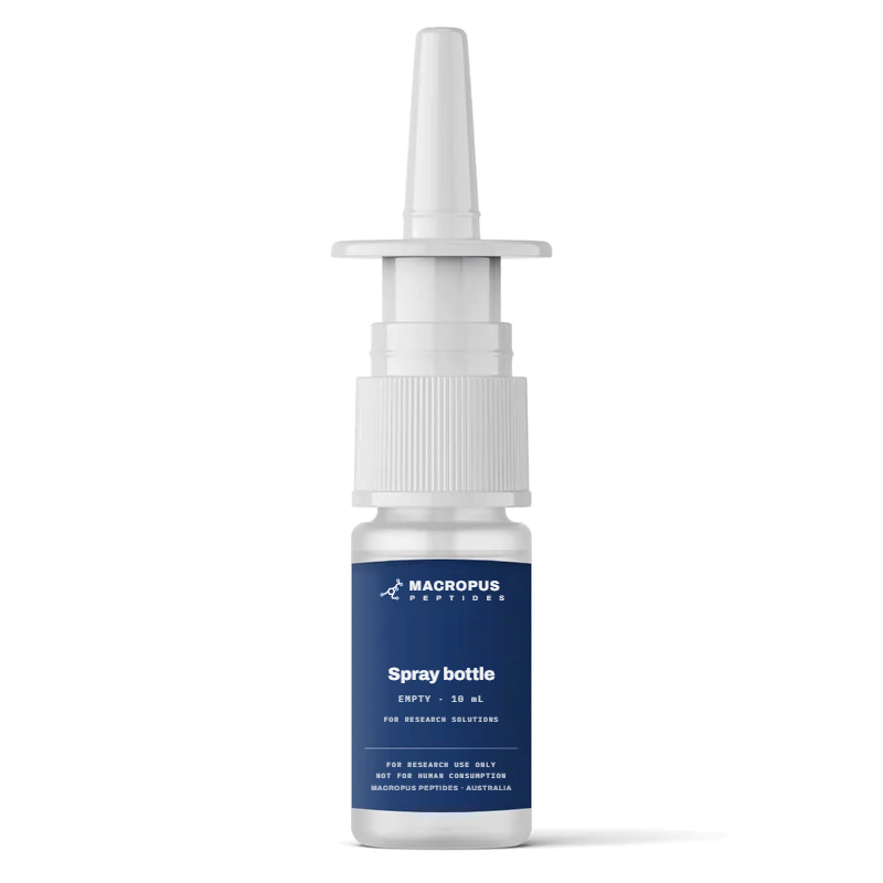 Empty nasal spray bottle with a Macropus Peptides label